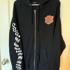 Torrid Skull Black Zipper Hooded Jacket with orange rose and checkered sleeve.